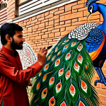 A Pakistani artist, fully clothed in modest traditional attire, is meticulously painting a vibrant mural on an old, textured brick wall in a historic, narrow street of Lahore's inner city. The mural depicts stylized traditional Pakistani motifs, like a majestic peacock or intricate patterns inspired by Ajrak, rendered in rich, earthy colors. The setting features warm, soft sunlight illuminating the scene, with subtle hints of traditional architecture in the background. This image showcases perfect anatomy, correct proportions, natural pose, well-formed hands, and proper finger count. It is safe for work, appropriate content, fully clothed, and family-friendly, presented as high-quality professional photography with a realistic style.