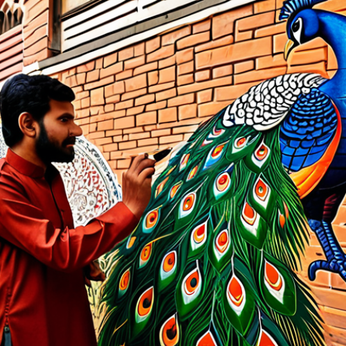 Home 4 A Pakistani artist, fully clothed in modest traditional attire, is meticulously painting a vibrant mural on an old, textured brick wall in a historic, narrow street of Lahore's inner city. The mural depicts stylized traditional Pakistani motifs, like a majestic peacock or intricate patterns inspired by Ajrak, rendered in rich, earthy colors. The setting features warm, soft sunlight illuminating the scene, with subtle hints of traditional architecture in the background. This image showcases perfect anatomy, correct proportions, natural pose, well-formed hands, and proper finger count. It is safe for work, appropriate content, fully clothed, and family-friendly, presented as high-quality professional photography with a realistic style.