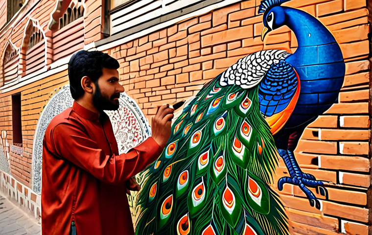 A Pakistani artist, fully clothed in modest traditional attire, is meticulously painting a vibrant mural on an old, textured brick wall in a historic, narrow street of Lahore's inner city. The mural depicts stylized traditional Pakistani motifs, like a majestic peacock or intricate patterns inspired by Ajrak, rendered in rich, earthy colors. The setting features warm, soft sunlight illuminating the scene, with subtle hints of traditional architecture in the background. This image showcases perfect anatomy, correct proportions, natural pose, well-formed hands, and proper finger count. It is safe for work, appropriate content, fully clothed, and family-friendly, presented as high-quality professional photography with a realistic style.