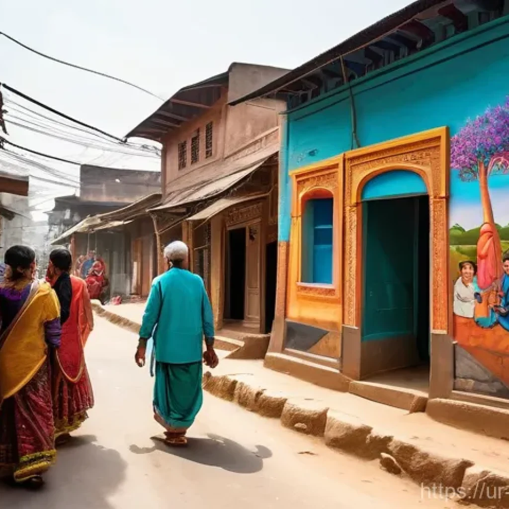 벽화마을과 관광 사업화 - **Prompt:** A vibrant, sun-drenched street in a traditional South Asian village, where every wall is...