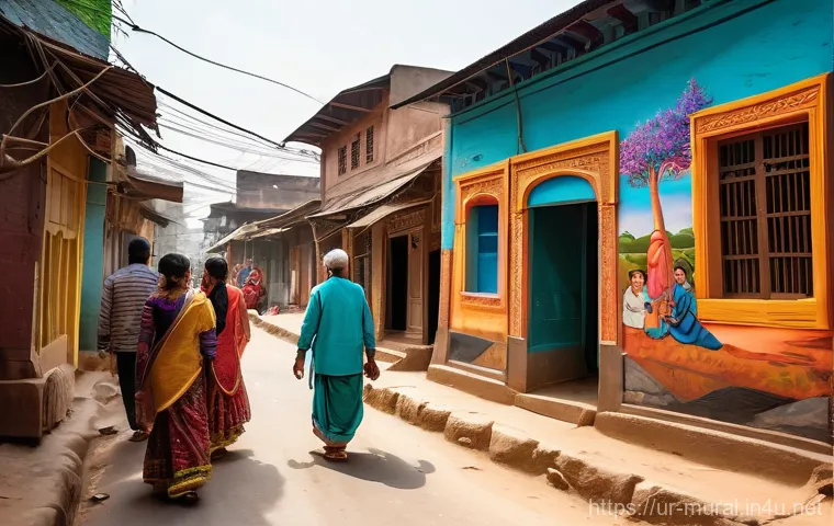 벽화마을과 관광 사업화 - **Prompt:** A vibrant, sun-drenched street in a traditional South Asian village, where every wall is...