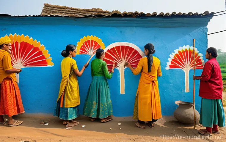 벽화마을과 관광 사업화 - **Prompt:** A vibrant, sun-drenched street in a traditional South Asian village, where every wall is...