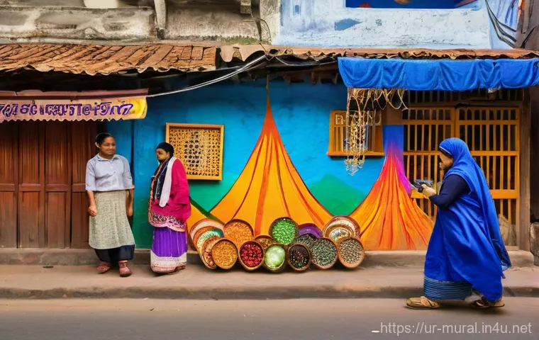 벽화마을과 관광 사업화 - **Prompt:** A dynamic scene depicting a group of skilled South Asian artists, both men and women, di...