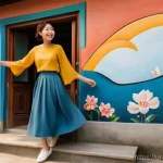 벽화여행 서울 벽화마을 - **Ihwa Mural Village: Vibrant Butterfly Stairs**
    A cheerful young woman, respectfully dressed in...