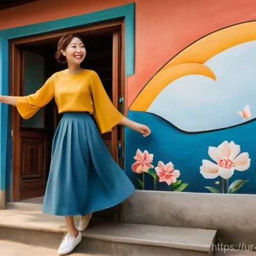 벽화여행 서울 벽화마을 - **Ihwa Mural Village: Vibrant Butterfly Stairs**
    A cheerful young woman, respectfully dressed in...
