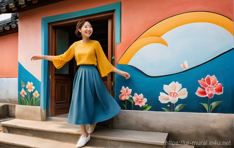 벽화여행 서울 벽화마을 - **Ihwa Mural Village: Vibrant Butterfly Stairs**
    A cheerful young woman, respectfully dressed in...