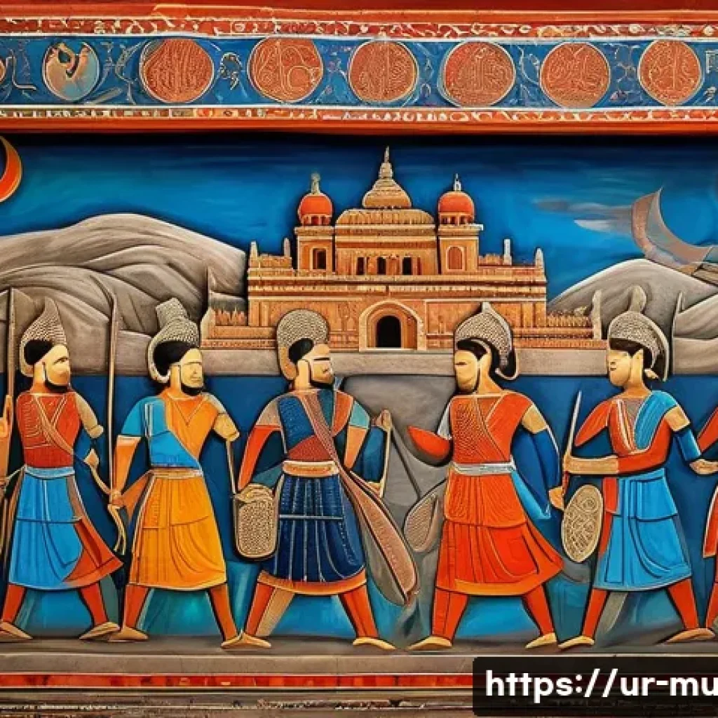 벽화에 숨은 이야기 - A detailed fresco mural on an ancient wall depicting a vibrant scene from South Asian history, showc...