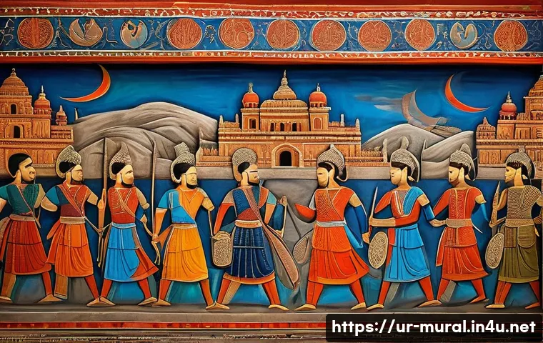 벽화에 숨은 이야기 - A detailed fresco mural on an ancient wall depicting a vibrant scene from South Asian history, showc...