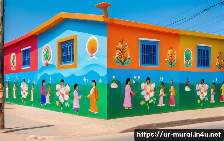 벽화작업 참여하기 - A vibrant mural on a community wall in an urban Pakistani neighborhood, showcasing traditional cultu...