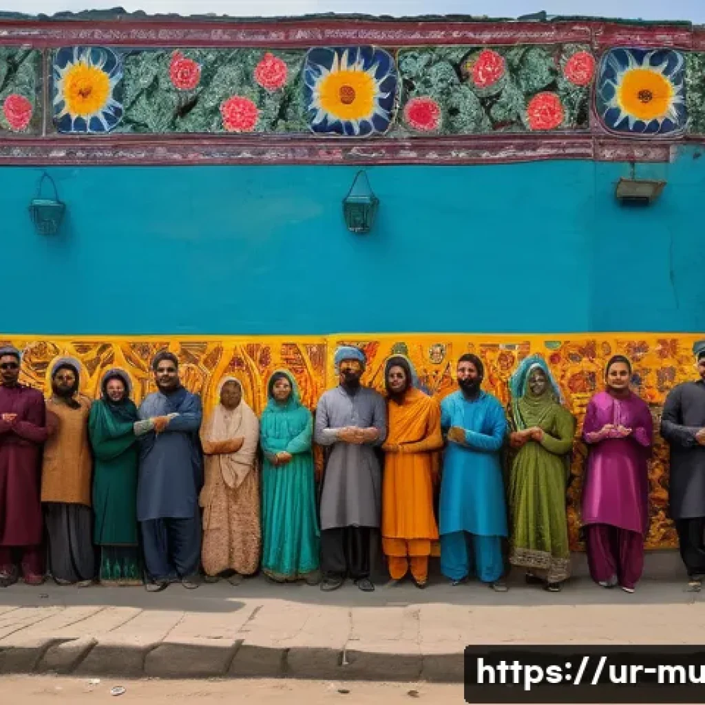 벽화의 사회적 참여와 실천 - A vibrant mural on a community wall in an urban Pakistani neighborhood, depicting diverse groups of ...