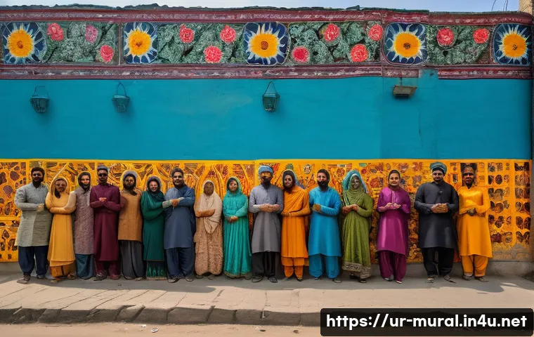 벽화의 사회적 참여와 실천 - A vibrant mural on a community wall in an urban Pakistani neighborhood, depicting diverse groups of ...