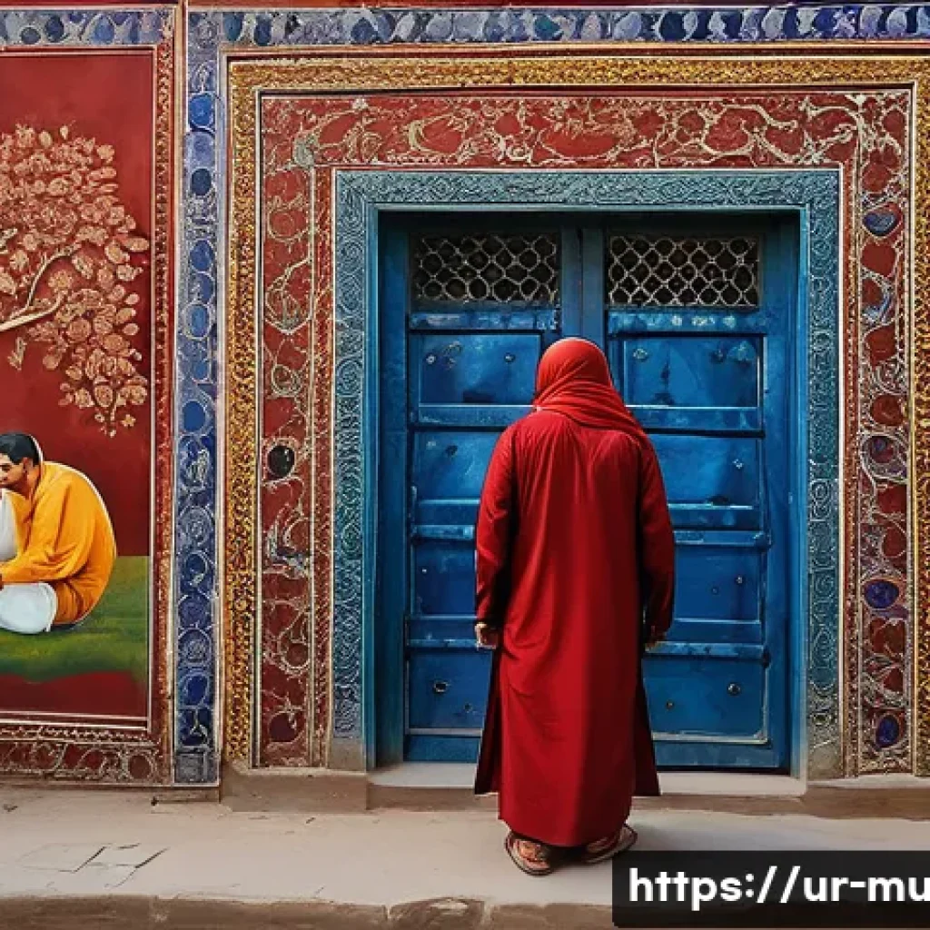 벽화 작품 분석하기 - A vibrant mural on an old Lahore street wall depicting historical Mughal-era scenes with traditional...