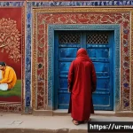 벽화 작품 분석하기 - A vibrant mural on an old Lahore street wall depicting historical Mughal-era scenes with traditional...