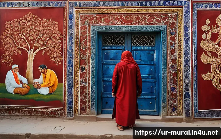 벽화 작품 분석하기 - A vibrant mural on an old Lahore street wall depicting historical Mughal-era scenes with traditional...