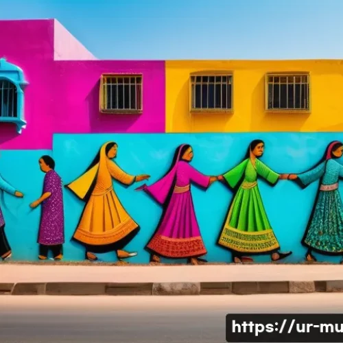 벽화와 타지역 벽화 비교 - A vibrant mural on a Karachi city wall showcasing youth education and women&rsquo;s rights, painted with b...