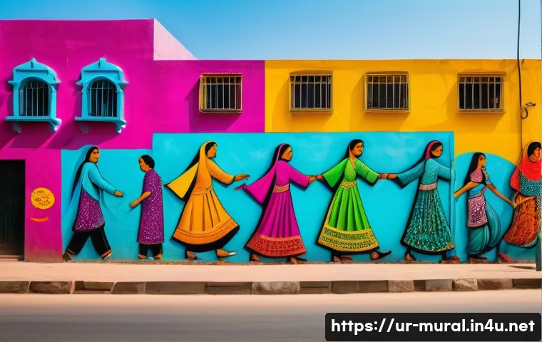 벽화와 타지역 벽화 비교 - A vibrant mural on a Karachi city wall showcasing youth education and women’s rights, painted with b...