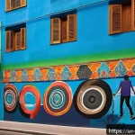 벽화와 유럽의 거리 미술 - A vibrant street mural in Barcelona depicting a fusion of traditional Spanish culture and modern lif...