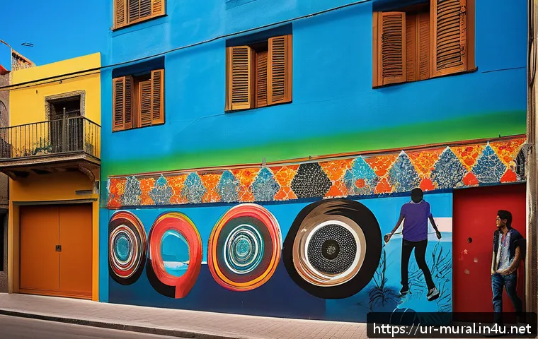 벽화와 유럽의 거리 미술 - A vibrant street mural in Barcelona depicting a fusion of traditional Spanish culture and modern lif...