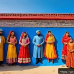벽화의 지역 문화적 차이 - A vibrant mural on a village wall in Pakistan depicting traditional wedding ceremonies, showcasing c...