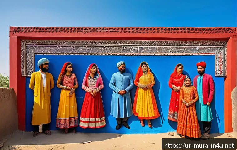 벽화의 지역 문화적 차이 - A vibrant mural on a village wall in Pakistan depicting traditional wedding ceremonies, showcasing c...