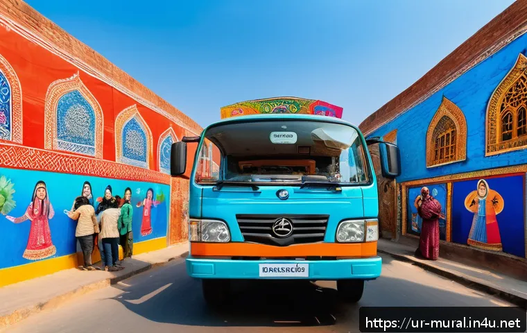 벽화여행과 관광산업의 상관관계 - A vibrant street scene in Lahore showcasing a large, colorful mural on a historic city wall, depicti...